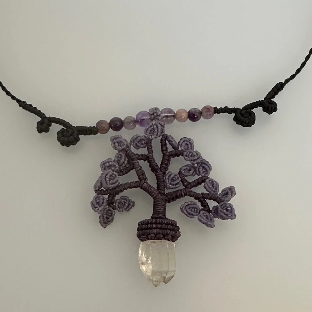 Jade white amethyst Purple art made Tree of Life Necklace made in france